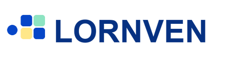 Lornven cobalt modular wordmark with mint and yellow tiles